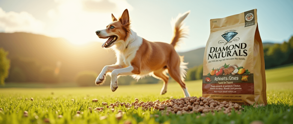 Active dog in a field with a Diamond Naturals dog food bag and fresh ingredients