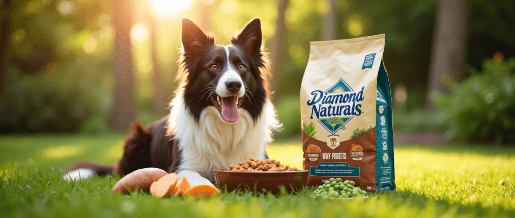 Border Collie with a bag of Diamond Naturals dog food in a garden setting