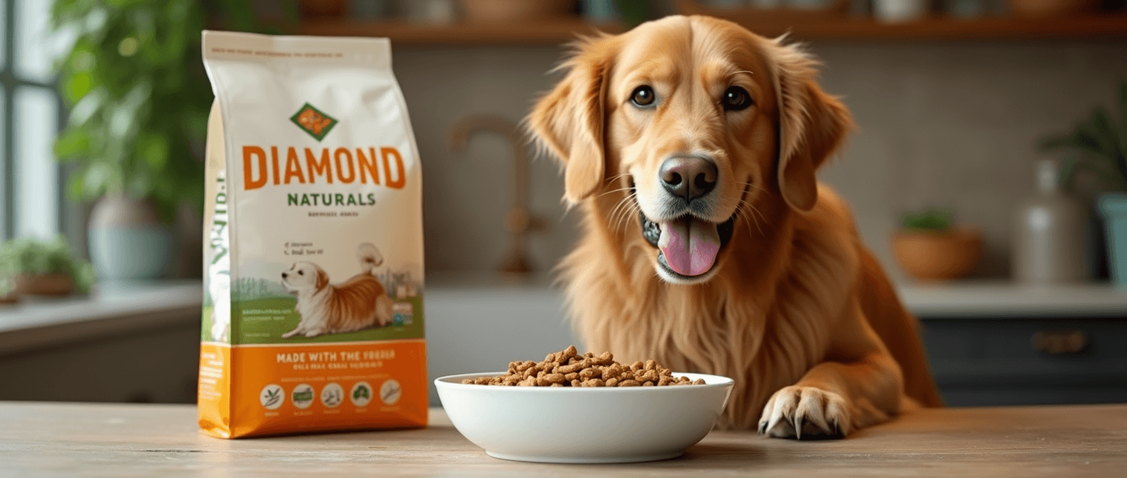 Golden Retriever eating from a bowl with Diamond Naturals dog food bag nearby