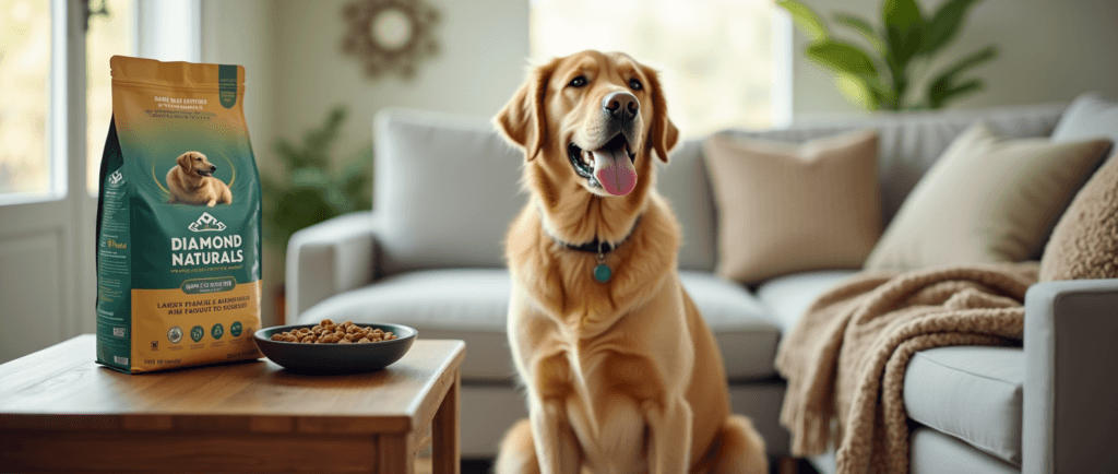 Labrador Retriever next to a Diamond Naturals dog food bag in a cozy living room